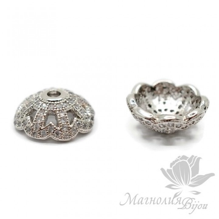 Шапочка "Miracle" 12мм инкрустация фианитами, цвет платина