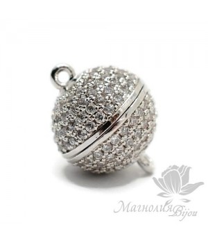 Замочек магнитный "Шар 12мм"  инкрустация фианитами, родиевое покрытие