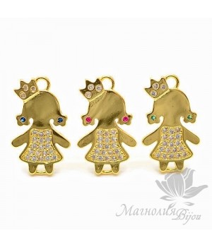 КОННЕКТОР "Принцесса" с прозрачными фианитами и цветными "сережками", цвет золото