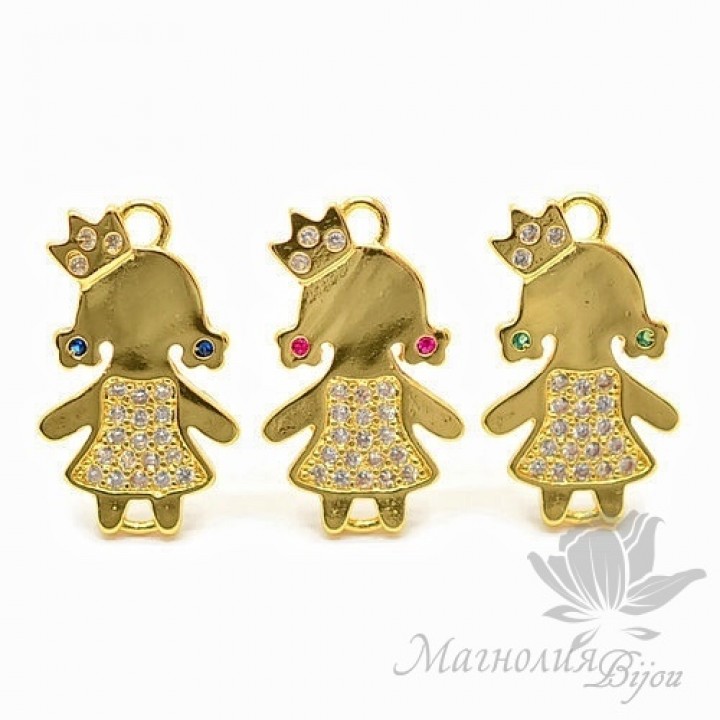 КОННЕКТОР "Принцесса" с прозрачными фианитами и цветными "сережками", цвет золото