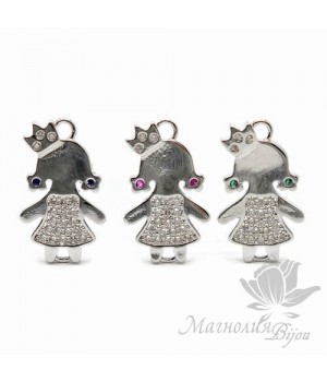 КОННЕКТОР "Принцесса" с прозрачными фианитами и цветными "сережками", цвет платина