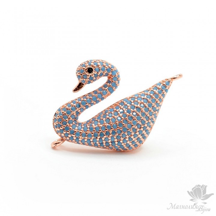 КОННЕКТОР "Лебедь" с голубыми фианитами, цвет розовое золото