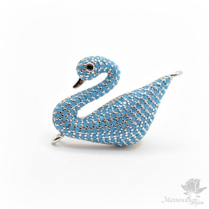 КОННЕКТОР "Лебедь" с голубыми фианитами, цвет платина