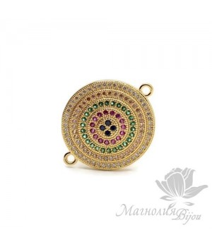 КОННЕКТОР "Круг" с цветными фианитами 21мм, цвет золото