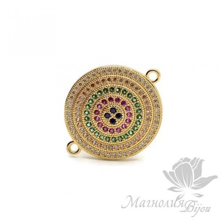 КОННЕКТОР "Круг" с цветными фианитами 21мм, цвет золото