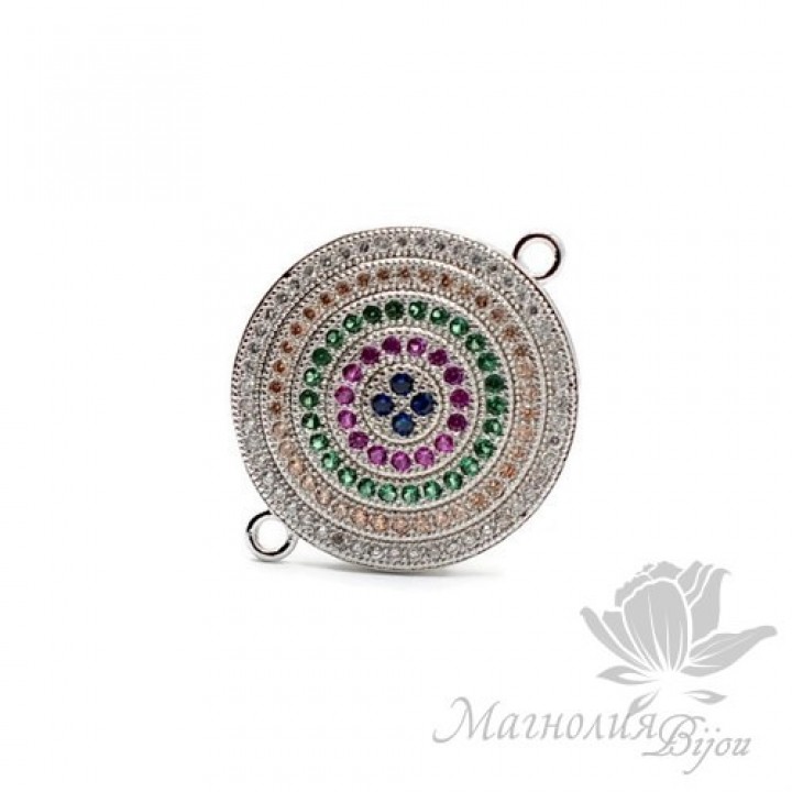 КОННЕКТОР "Круг" с цветными фианитами 21мм, цвет платина