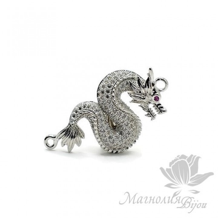 КОННЕКТОР "Дракон" с фианитами 33 : 16мм, цвет платина