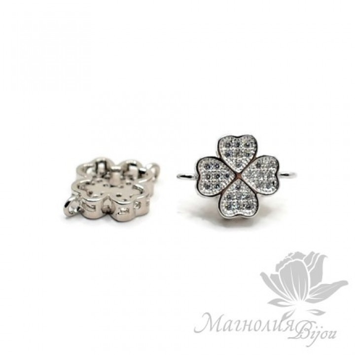 КОННЕКТОР "Клевер маленький" с фианитами 12мм, цвет платина