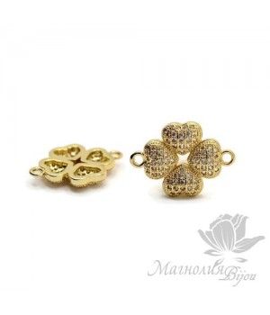 КОННЕКТОР "Четырёхлистник" с фианитами 14мм, цвет золото