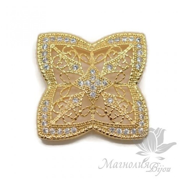 КОННЕКТОР филигранный с фианитами 30мм, позолота 