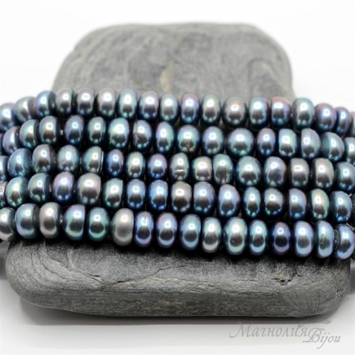 ЖЕМЧУГ "Кнопка" натуральный, 5 : 6мм, тёмно-серый, 1/2 нити