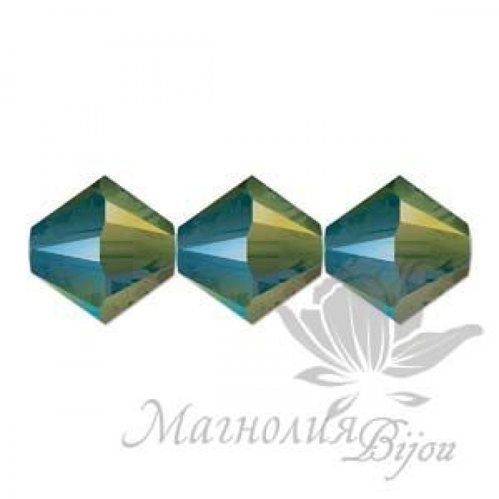 Биконусы Swarovski 3мм IRIDESCENT GREEN, 20 штук
