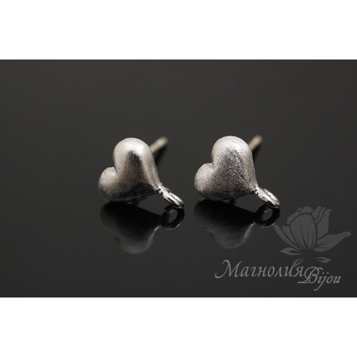 Пуссеты "Сердечки", родиевое покрытие