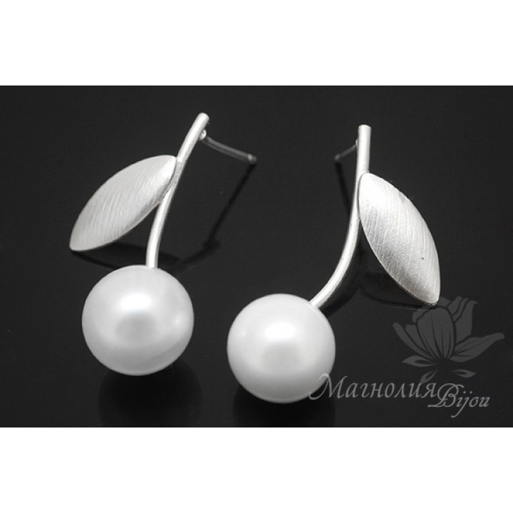 Пуссеты "Вишенки", родиевое покрытие