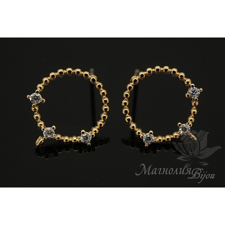 ПУССЕТЫ "Колечки с фианитами", позолота 14 карат