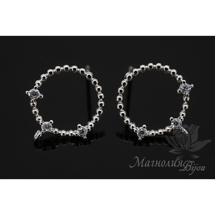 ПУССЕТЫ "Колечки с фианитами", родиевое покрытие