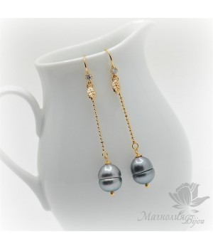 СЕРЬГИ с натуральным барочным жемчугом, серебро + позолота 14 карат