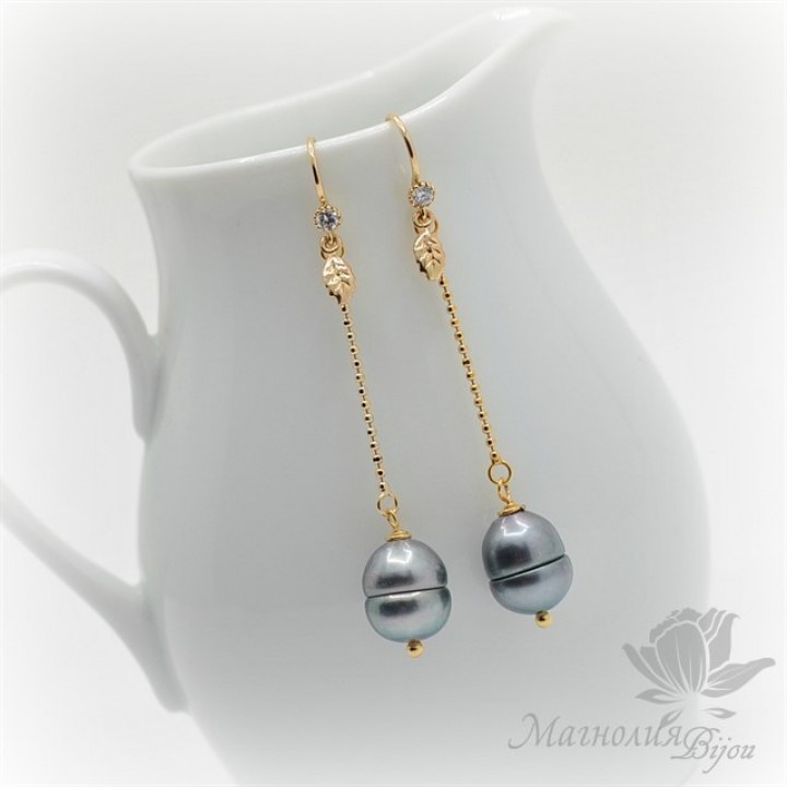 СЕРЬГИ с натуральным барочным жемчугом, серебро + позолота 14 карат