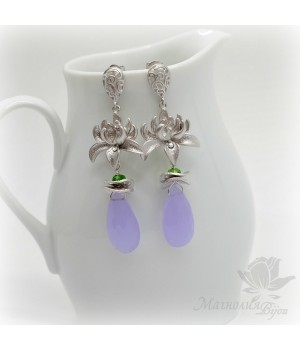 СЕРЬГИ с халцедоном "Таинственный пруд", родиевое покрытие