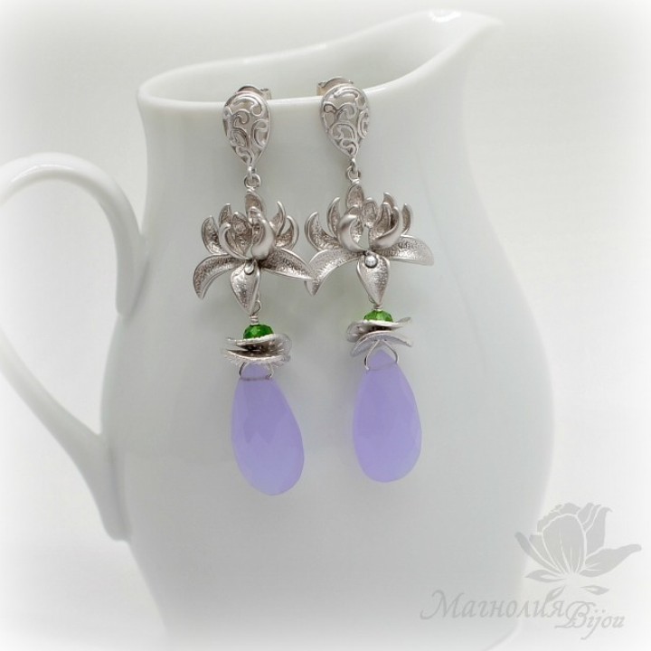 СЕРЬГИ с халцедоном "Таинственный пруд", родиевое покрытие