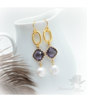 СЕРЬГИ с белым жемчугом, позолота 14 карат