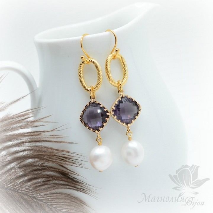 СЕРЬГИ с белым жемчугом, позолота 14 карат