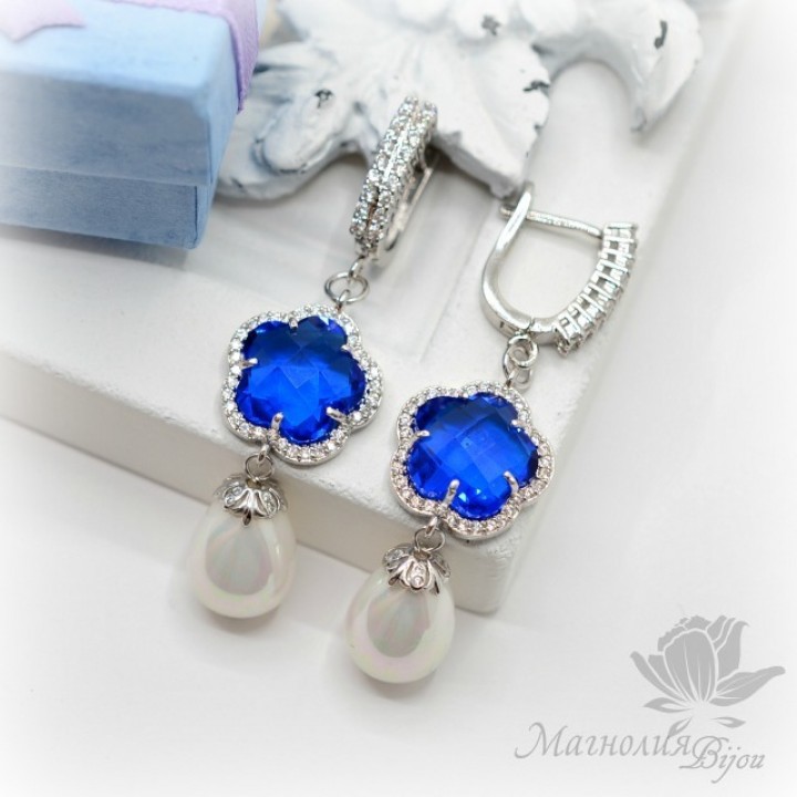 СЕРЬГИ "Flower" с жемчугом Майорка, родиевое покрытие