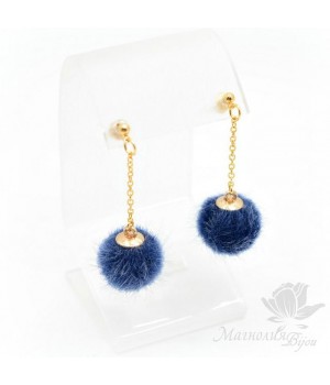СЕРЬГИ "Помпончики синие", позолота