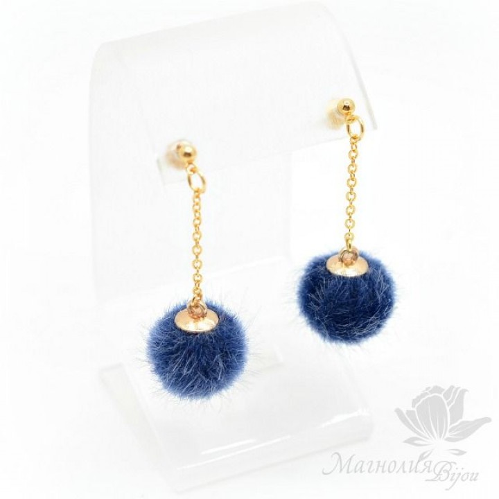 СЕРЬГИ "Помпончики синие", позолота