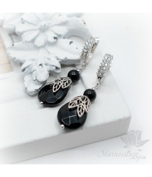 СЕРЬГИ с чёрным ониксом и агатом, родиевое покрытие