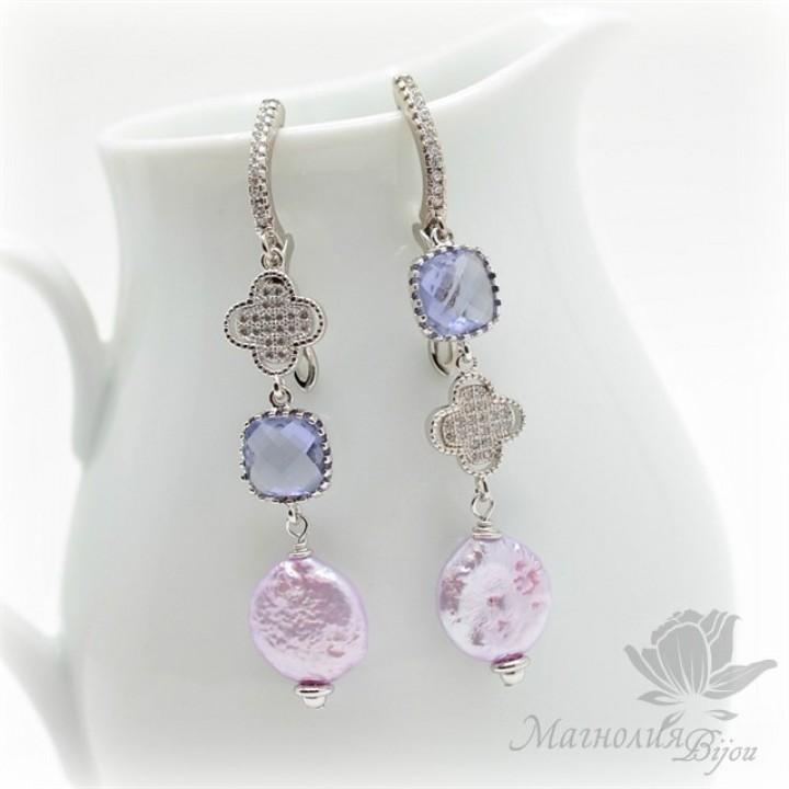 СЕРЬГИ жемчужные "Сирень", родиевое покрытие