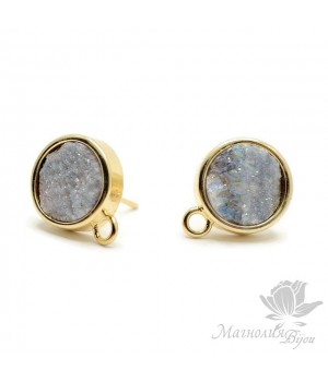 ПУССЕТЫ с друзами агата "Grey" круглые, позолота