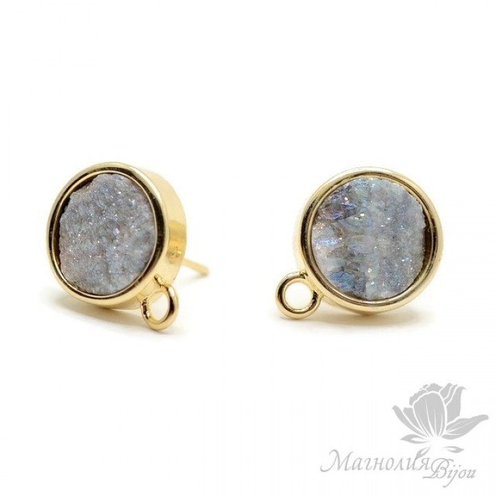 ПУССЕТЫ с друзами агата "Grey" круглые, позолота