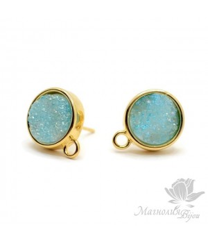 ПУССЕТЫ с друзами агата "Turquoise" круглые, позолота