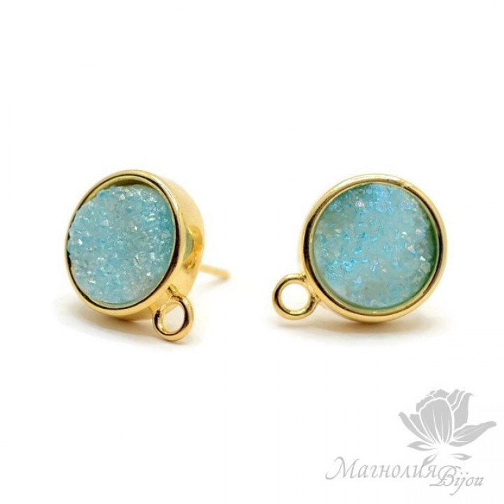 ПУССЕТЫ с друзами агата "Turquoise" круглые, позолота