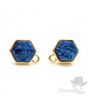 ПУССЕТЫ с друзами агата "Blue" шестигранные, позолота 18 карат