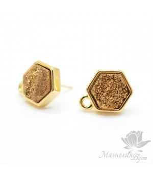 ПУССЕТЫ с друзами пирита "Gold" шестигранные, позолота 18 карат