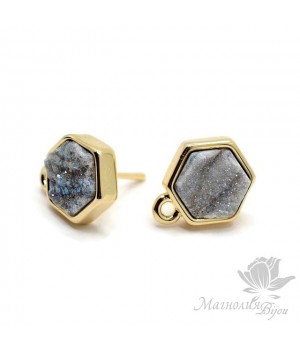 ПУССЕТЫ с друзами агата "Grey" шестигранные, позолота 18 карат