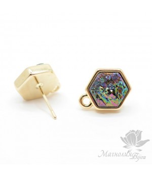 ПУССЕТЫ с друзами агата "Rainbow" шестигранные, позолота 18 карат