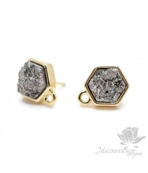 ПУССЕТЫ с друзами пирита "Steel" шестигранные, позолота 18 карат