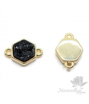 КОННЕКТОР с друзой агата шестигранный, "чёрный", позолота 18 карат