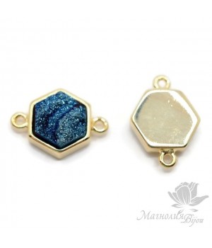 КОННЕКТОР с друзой агата шестигранный, "синий", позолота 18 карат