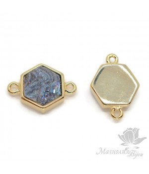 КОННЕКТОР с друзой агата шестигранный, "серый", позолота 18 карат