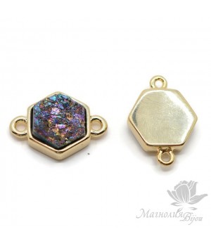 КОННЕКТОР с друзой агата шестигранный, "радужный", позолота 18 карат