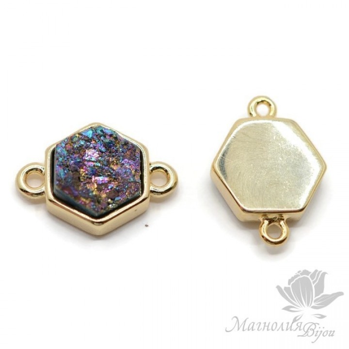 КОННЕКТОР с друзой агата шестигранный, "радужный", позолота 18 карат