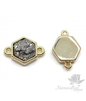 КОННЕКТОР с друзой пирита шестигранный, "стальной", позолота 18 карат