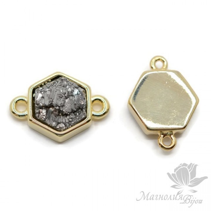 КОННЕКТОР с друзой пирита шестигранный, "стальной", позолота 18 карат